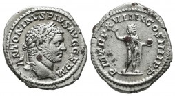 Caracalla. AD.211-217. AR Antoninianus (20mm, 2.81g). Rome. ANTONINVS PIVS AVG GERM. Radiate and draped bust right. / PM TRP XVIIII COS IIII PP. Sol s...