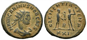 Carinus. AD 283-285. AE Antoninianus (20mm, 3.88g). Cyzicus. IMP M AVR CARINVS P F AVG, radiate, draped and cuirassed bust right / CLEMENTIA TEMP, Car...