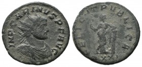Carinus. AD 283-285. AE Antoninianus (20mm, 3.92g). Ticinum. IMP CARINVS P F AVG, radiate, draped, and cuirassed bust right / FELICIT PVBLICA, Felicit...