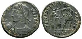 Constans, AD 347-348. AE Nummus (21mm, 3.69g). Cyzicus. D N CONSTANS P F AVG, diademed, draped and cuirassed bust left; holding globe / FEL TEMP[REPA]...