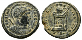 Constantine I (306-337). AE Nummus (19mm, 3.08g). Treviri, AD 322; CONSTAN - TINVS AVG, helmeted and cuirassed bust right / BEATA TRAN *** QVILLITAS, ...