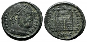 Constantine I (307/310-337). AE Follis (17mm, 2.57g). Cyzicus, 326-7. Laureate head right / Camp-gate surmounted by two turrets, star above; •SMK?•. R...