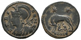 Constantine I, AD 330-333. AE (18mm, 1.97g).Constantinople. VRBS ROMA, helmeted and cuirassed bust left / She-wolf standing left, suckling the twins R...