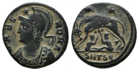 Constantine I. City Commemorative. AE Nummus (16mm, 2.67g). Thessalonica, AD 330-3. VRBS ROMA, helmeted bust of Roma left wearing imperial cloak / She...