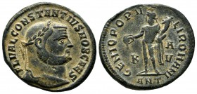 Constantius I as Caesar. AD 293-305. AE Follis (26mm, 7.16g). Antioch. FL VAL CONSTANTIVS NOB CAES, laureate head right / GENIO POPVLI ROMANI, K-(A/V)...