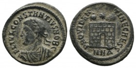 Constantius II (Caesar, 324-337). AE Follis (18mm, 3.42g). Nicomedia, 324-5. Laureate, draped and cuirassed bust left / Camp-gate with two turrets, st...