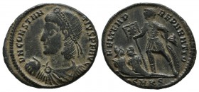 Constantius II. AD 337-361. AE Follis (21mm, 3.85g). Cyzicus. D N CONSTANTIVS P F AVG, diademed, draped and cuirassed bust left, holding globe / FEL T...