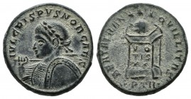 Crispus, as Caesar. AE Nummus (18mm, 3.66g). Treveri (Trier), AD 322. IVL CRISPVS NOB CAES, laureate and cuirassed bust left, holding spear and shield...