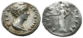 Diva Faustina I, wife of Antoninus Pius. Died 140/141 AD. AR Denarius (18mm, 2.37g). Rome. DIVA FAVSTINA, draped bust right / AETER-NITAS, Aeternitas,...