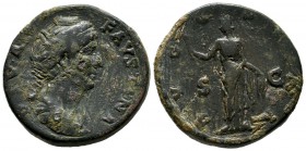 Diva Faustina I. Died AD. 140/1. AE Sestertius (30mm, 25.42g). Rome , struck AD. 146-161. DIVA FAVSTINA, draped bust right / AVGVSTA, S-C, Vesta stand...