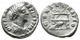 Diva Faustina Junior, AD 176-180. AR Denarius (16mm, 2.61g). Rome. DIVA FAVSTINA PIA, draped bust right / CONSECRATIO, draped throne on which sceptre ...