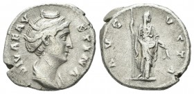 Diva Faustina. AD 141. AR Denarius (18mm, 3.49g). Rome. DIVA FAVSTINA, draped bust of Faustina right / AVGVSTA, Ceres, veiled, standing facing, head r...