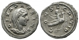 Diva Paulina, died before 235. AR Denarius (19mm, 3.18g). Rome. DIVA PAVLINA, Veiled and draped bust of Diva Paulina to right / CONSECRATIO, Diva Paul...