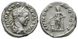 Elagabalus. AD 218-222. AR Denarius (18mm, 3.46g). Rome. IMP ANTONINVS AVG, Laureate and draped bust right, horned / ANNONA AVGVSTI, Annona standing l...