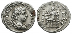 Elagabalus. AD 218-222. AR Denarius (19mm, 3.42g). Rome, AD. 219. IMP CAES ANTONINVS AVG, lauteate and draped bust right / FIDES EXERCITVS, Fides seat...