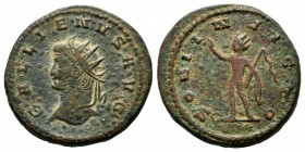 Gallienus. AD 253-268. AE (20mm, 4.73g). Radiate, draped and cuirassed bust left / SOLI INVICTO, Sol standing left with whip and raised hand. RIC 658;...