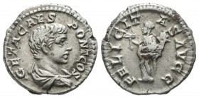 Geta as Caesar. AD 197-209. AR Denarius (18mm, 2.98g). Rome. GETA CAES PONT COS, bare-headed and draped bust right / FELICITAS AVGG, Felicitas standin...