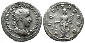 Gordian III. 238-244 AD. AR Denarius (21mm, 4.15g). Rome Mint. Radiate, draped and cuirassed bust of Gordian right. / AEQVITAS AVG. Aequitas standing ...