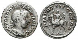 Gordian III. AD 238-244. AR Denarius (18mm, 3.09g). Rome, AD 240. Laureate, draped, and cuirassed bust right / Gordian on horseback prancing left, rai...