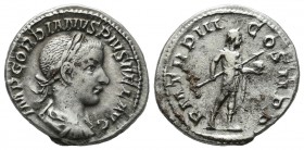 Gordian III. AD 238-244. AR Denarius (19mm, 2.82g). Rome, AD 240. Laureate, draped, and cuirassed bust right / Gordian standing right, holding spear a...