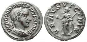 Gordian III. AD 238-244. AR Denarius (19mm, 3.16g). Rome. Laureate, draped, and cuirassed bust right / Venus standing left, holding helmet and scepter...