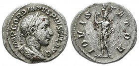 Gordian III. AD 238-244. AR Denarius (20mm, 2.71g). Rome, AD 240. Laureate, draped, and cuirassed bust right / Jupiter standing facing, head right, ho...
