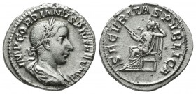 Gordian III. AD 238-244. AR Denarius (20mm, 2.74g). Rome, AD 240. Laureate, draped, and cuirassed bust right / Securitas seated left on throne, holdin...
