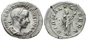 Gordian III. AD 238-244. AR Denarius (20mm, 2.83g). Rome, AD 240. Laureate, draped, and cuirassed bust right / Diana Lucifera standing right, holding ...