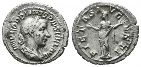 Gordian III. AD 238-244. AR Denarius (20mm, 2.92g). Rome. Laureate, draped, and cuirassed bust right / Pietas standing left, raising both hands. RIC I...