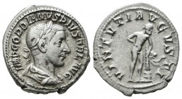 Gordian III. AD 238-244. AR Denarius (20mm, 2.92g). Rome. Struck AD 240. Laureate, draped, and cuirassed bust right / Hercules, naked, standing right,...