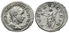 Gordian III. AD 238-244. AR Denarius (20mm, 2.99g). Rome, 5th officina. 7th emission, AD 240. Laureate, draped, and cuirassed bust right / Venus stand...
