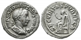 Gordian III. AD 238-244. AR Denarius (20mm, 3.16g). Rome, AD 240. Laureate, draped, and cuirassed bust right / Securitas seated left on throne, holdin...
