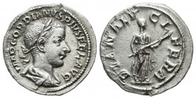 Gordian III. AD 238-244. AR Denarius (20mm, 3.18g). Rome. Laureate, draped, and cuirassed bust right / Diana Lucifera standing right, holding long tor...