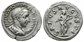 Gordian III. AD 238-244. AR Denarius (20mm, 3.19g). Rome, AD 240. Laureate, draped, and cuirassed bust right / Salus standing right, feeding serpent f...