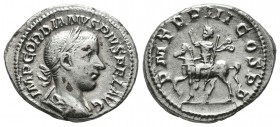 Gordian III. AD 238-244. AR Denarius (20mm, 3.42g). Rome. Laureate, draped, and cuirassed bust right / Gordian on horseback prancing left, raising han...