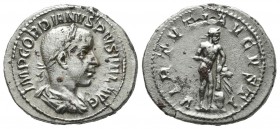 Gordian III. AD 238-244. AR Denarius (21mm, 3.31g). Rome, AD 240-early 243. Laureate, draped, and cuirassed bust right / Hercules standing right, hold...