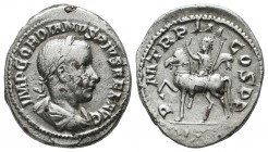 Gordian III. AD 238-244. AR Denarius (21mm, 3.90g). Rome, AD 240. Laureate, draped, and cuirassed bust right / Gordian on horseback prancing left, rai...