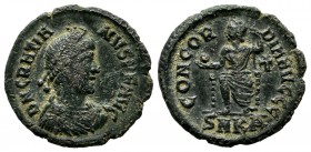 Gratian, AD 378-383. AE Nummus (19mm, 2.42g). Cyzicus. D N GRATIANVS P F AVG, pearl diademed, draped, cuirassed bust right / CONCORDIA AVGGG, Roma, he...