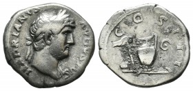 Hadrian, AD 125-128. AR Denarius (17mm, 3.10g). Rome. HADRIANVS AVGVSTVS, laureate head right / COS III, sacrificial knife, lituus, apex and simpulum ...