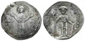 Constantine IX Monomachus. AD 1042-1055. AR Scyphate Miliaresion (24mm, 1.59g). Constantinople mint. The Virgin Mary, orans, standing facing on daïs; ...