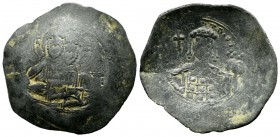 John II Comnenus. AD 1118-1143. BI Aspron Trachy (29mm, 3.84g). Constantinople. IC - XC. Facing bust of Christ Pantokrator / Facing bust of John, hold...