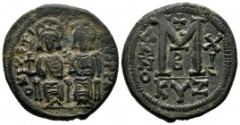 Justin II (565-578). Kyzikos. AE Follis (28mm, 14.01g). D N IVSTINVS P P A. Justin, holding globus cruciger, and Sophia, holding cruciform scepter, se...
