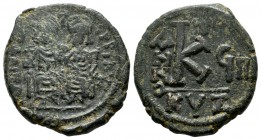 Justin II, with Sophia. AD 565-578. AE Half Follis (24mm, 6.48g). Cyzicus. Justin and Sophia enthroned facing; Justin holding globus cruciger and Soph...
