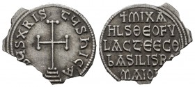 Michael I Rhangabe, with Theophylactus. AD 811-813. Constantinople. AR Miliaresion (23mm, 2.08g). IҺSЧS XRIS-TЧS ҺICA; cross potent set upon three ste...