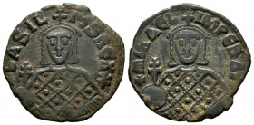 Michael III "the Drunkard", with Basil I. 842-867. AE Follis (25mm, 6.06g). Constantinople mint. Struck 866-867. Crowned facing bust of Basil, holding...