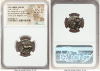CALABRIA. Tarentum. Ca. 281-240 BC. AR stater or didrachm (19mm, 6.42 gm, 4h). NGC XF 4/5 - 4/5. De-, Sy- and Lykinos, magistrates, ca. 272-240 BC. Nu...