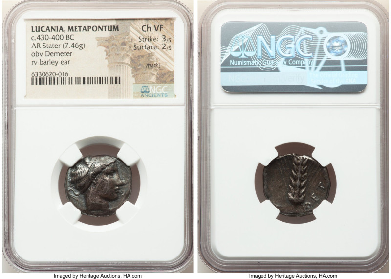 LUCANIA. Metapontum. Ca. 430-400 BC. AR stater (21mm, 7.46 gm, 12h). NGC Choice ...