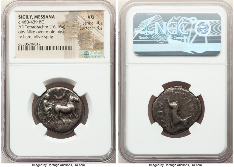 SICILY. Messana. Ca. 450-438 BC. AR tetradrachm (25mm, 16.16 gm, 3h). NGC VG 4/5...