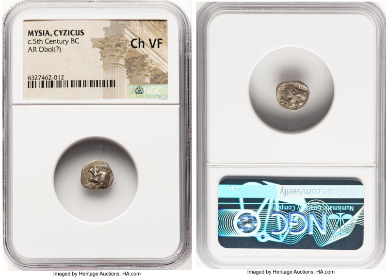 MYSIA. Cyzicus. Ca. 5th century BC. AR obol (10mm, 4h). NGC Choice VF. Forepart ...