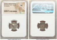 Mn. Cordius Rufus (ca. 46 BC). AR denarius (17mm, 1h). NGC XF. Rome. RVFVS•III•VIR, conjoined heads of the Dioscuri right, each wearing pileus ornamen...
